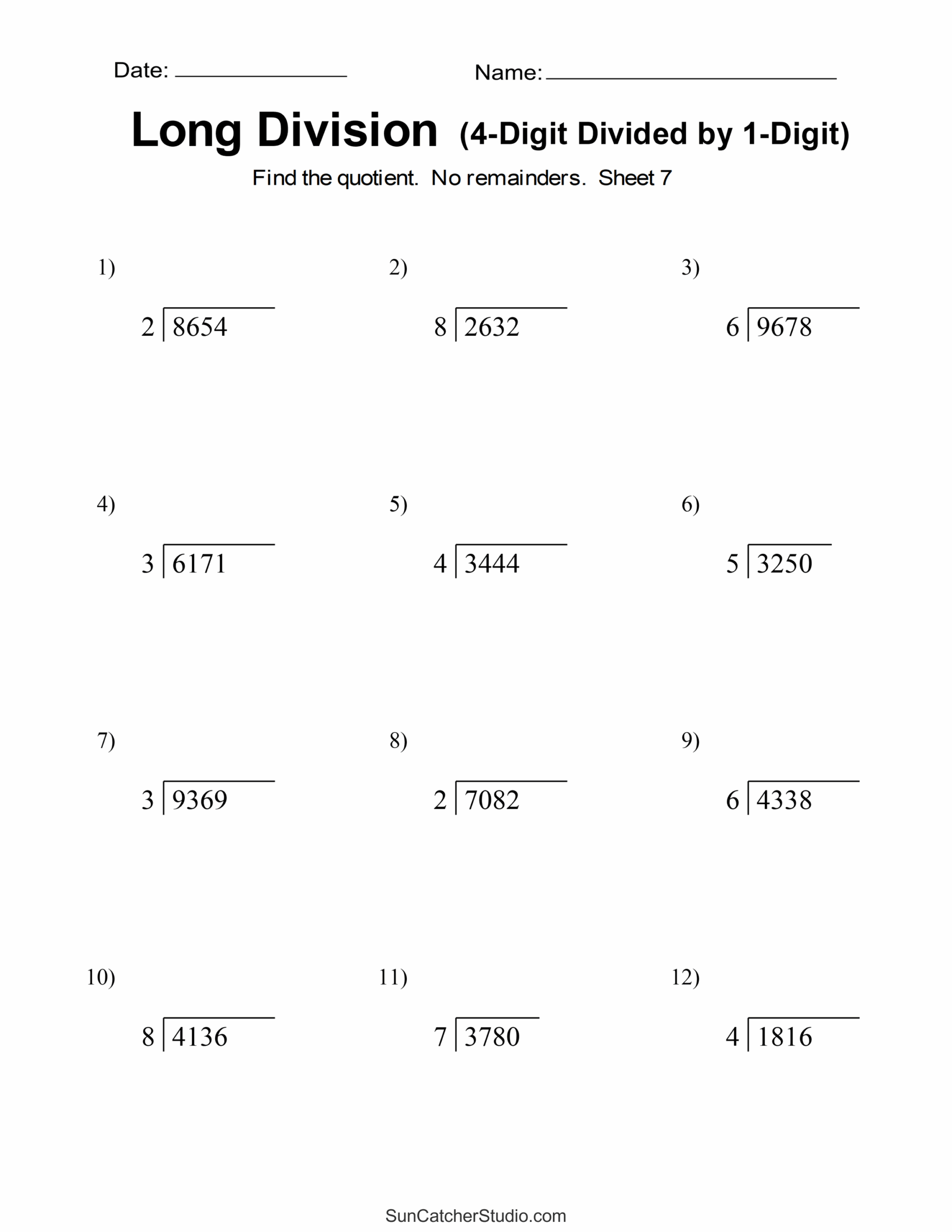 Long Division Printable Worksheets