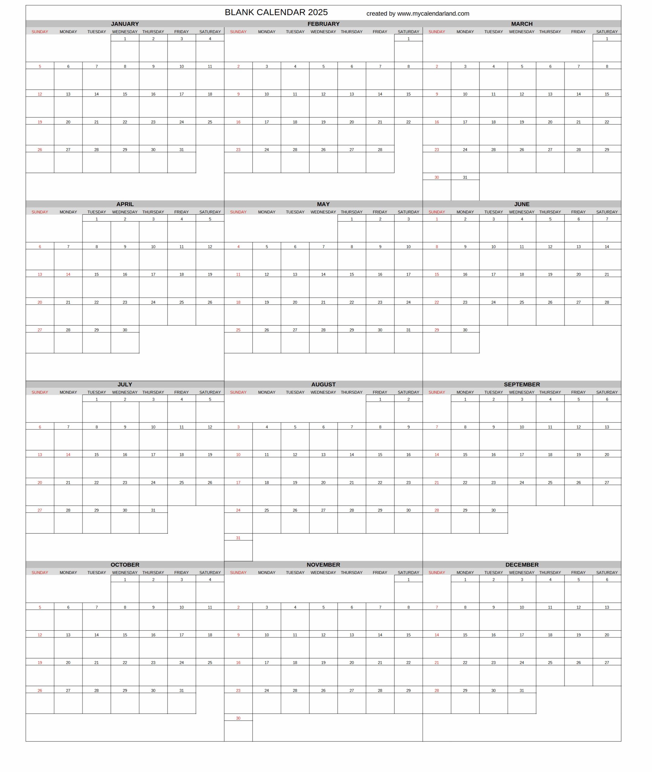 Large Landscape Blank 2025 Calendar Templates